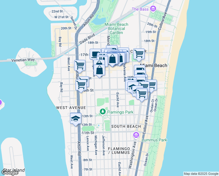 map of restaurants, bars, coffee shops, grocery stores, and more near 1525 Meridian Avenue in Miami Beach