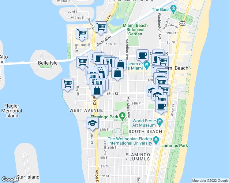 map of restaurants, bars, coffee shops, grocery stores, and more near 1526 Michigan Avenue in Miami Beach