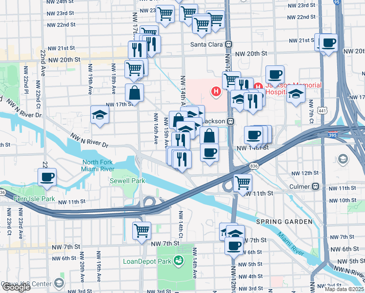 map of restaurants, bars, coffee shops, grocery stores, and more near 1436 Northwest 14th Avenue in Miami