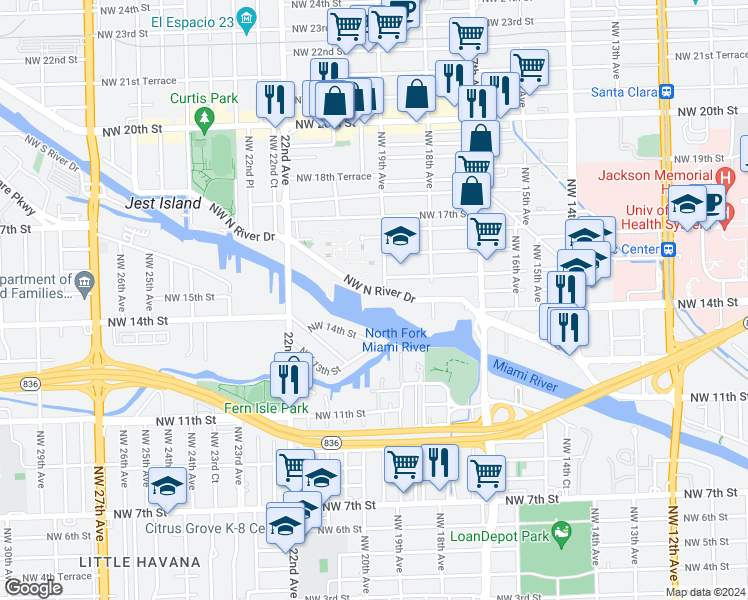 map of restaurants, bars, coffee shops, grocery stores, and more near 1884N Northwest North River Drive in Coral Gables