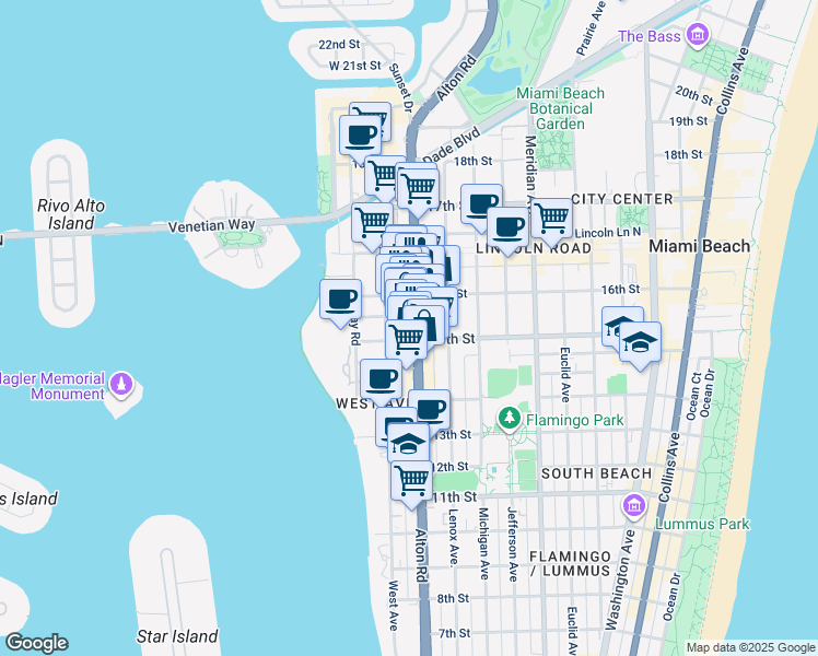 map of restaurants, bars, coffee shops, grocery stores, and more near 1535 West Avenue in Miami Beach