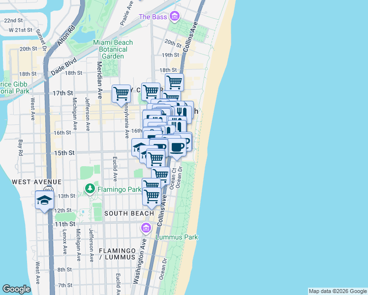 map of restaurants, bars, coffee shops, grocery stores, and more near 1455 Ocean Drive in Miami Beach