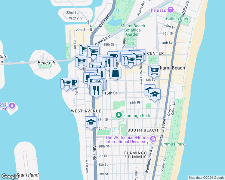 map of restaurants, bars, coffee shops, grocery stores, and more near 1526 Michigan Avenue in Miami Beach