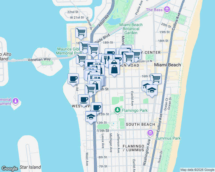 map of restaurants, bars, coffee shops, grocery stores, and more near 1526 Michigan Avenue in Miami Beach