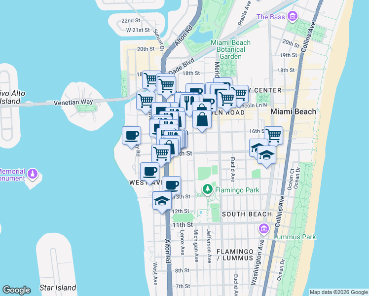 map of restaurants, bars, coffee shops, grocery stores, and more near 1526 Michigan Avenue in Miami Beach