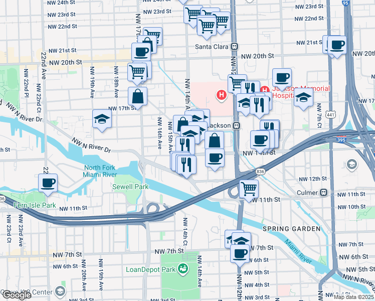 map of restaurants, bars, coffee shops, grocery stores, and more near 1411 Northwest 14th Avenue in Miami