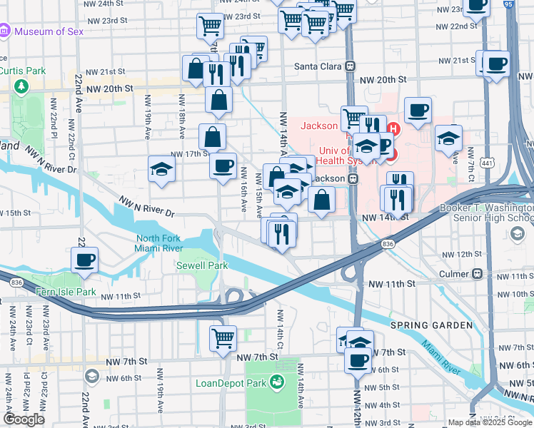map of restaurants, bars, coffee shops, grocery stores, and more near 1436 Northwest 14th Avenue in Miami
