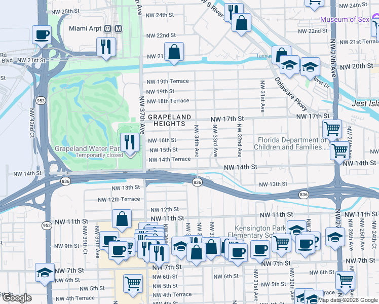 map of restaurants, bars, coffee shops, grocery stores, and more near 3400 Northwest 15th Street in Miami