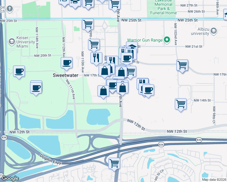 map of restaurants, bars, coffee shops, grocery stores, and more near h1470 Northwest 16th Street in Doral