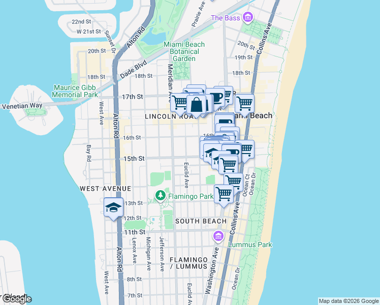 map of restaurants, bars, coffee shops, grocery stores, and more near 1515 Euclid Avenue in Miami Beach