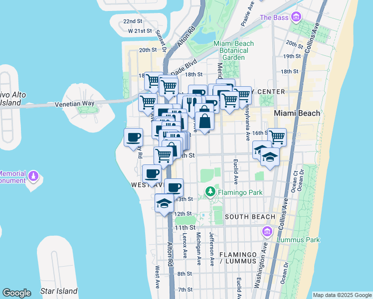 map of restaurants, bars, coffee shops, grocery stores, and more near 1526 Michigan Avenue in Miami Beach