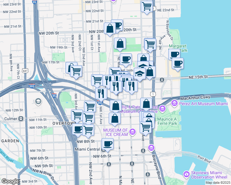 map of restaurants, bars, coffee shops, grocery stores, and more near 14 Northwest 14th Street in Miami