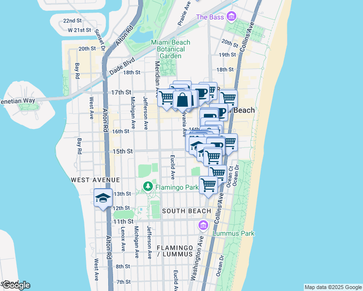 map of restaurants, bars, coffee shops, grocery stores, and more near 1508 Pennsylvania Avenue in Miami Beach
