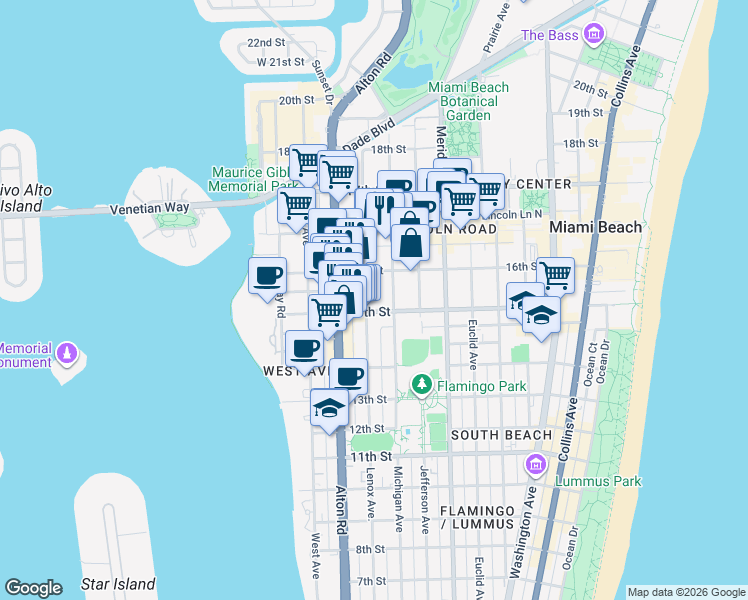 map of restaurants, bars, coffee shops, grocery stores, and more near 1526 Michigan Avenue in Miami Beach