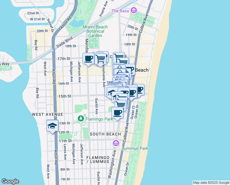 map of restaurants, bars, coffee shops, grocery stores, and more near 1531 Drexel Avenue in Miami Beach