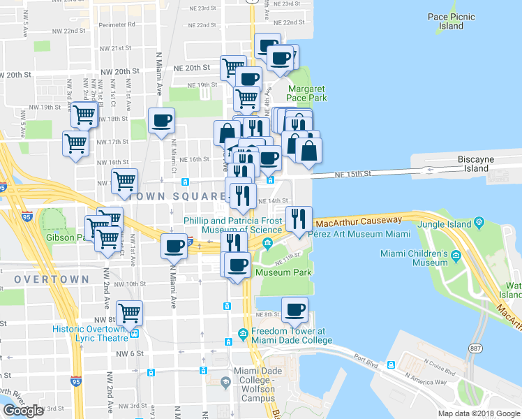 map of restaurants, bars, coffee shops, grocery stores, and more near 1351 Biscayne Boulevard in Miami
