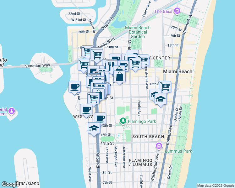 map of restaurants, bars, coffee shops, grocery stores, and more near 1521 Michigan Avenue in Miami Beach