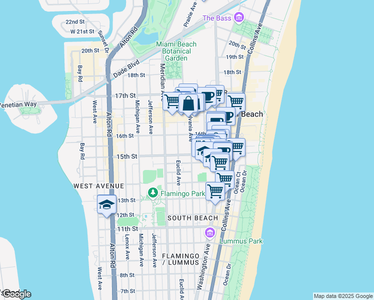 map of restaurants, bars, coffee shops, grocery stores, and more near 1508 Pennsylvania Avenue in Miami Beach