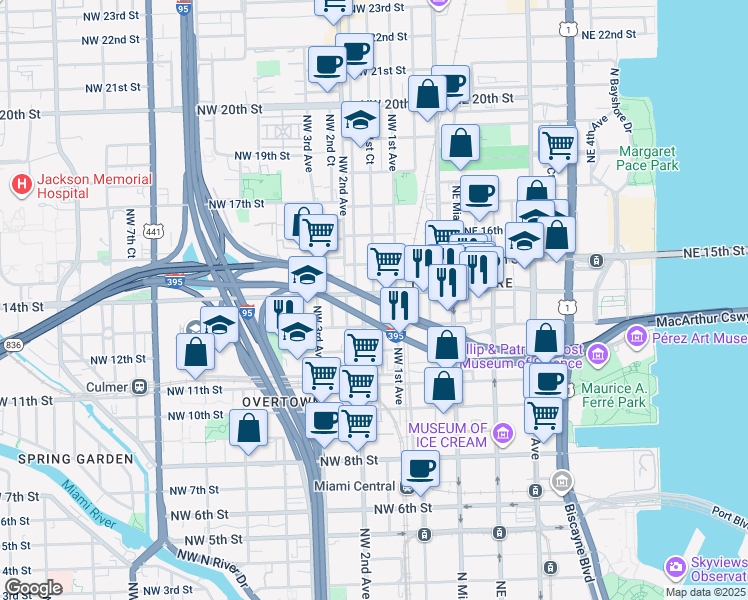 map of restaurants, bars, coffee shops, grocery stores, and more near 1360 Northwest 1st Court in Miami
