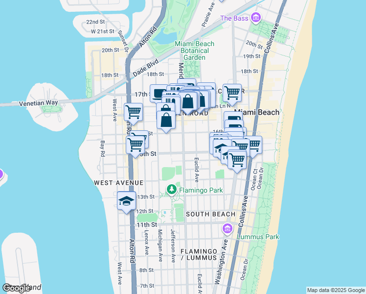 map of restaurants, bars, coffee shops, grocery stores, and more near 1525 Meridian Avenue in Miami Beach