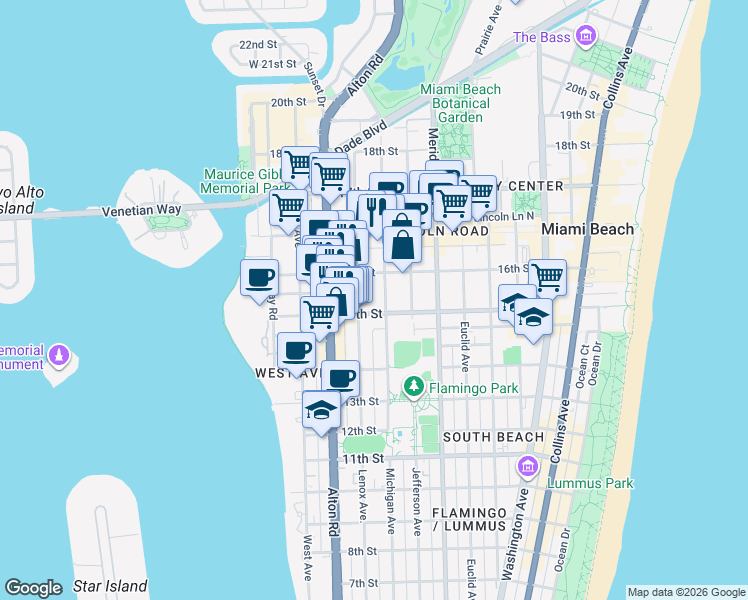map of restaurants, bars, coffee shops, grocery stores, and more near 1526 Michigan Avenue in Miami Beach