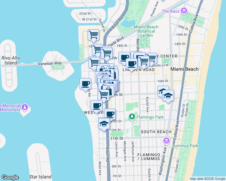 map of restaurants, bars, coffee shops, grocery stores, and more near 1521 Alton Road in Miami Beach