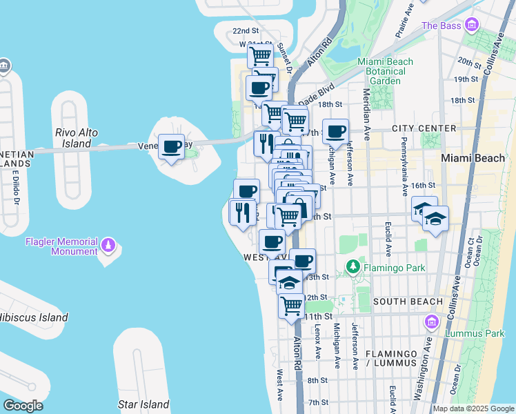 map of restaurants, bars, coffee shops, grocery stores, and more near 1545 Bay Road in Miami Beach
