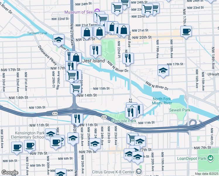 map of restaurants, bars, coffee shops, grocery stores, and more near 2353 Northwest 15th Street in Miami