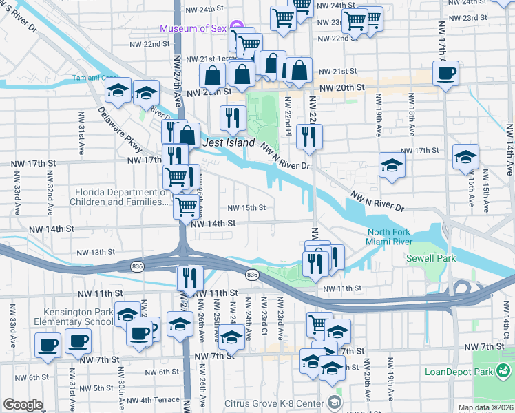 map of restaurants, bars, coffee shops, grocery stores, and more near 2353 Northwest 15th Street in Miami
