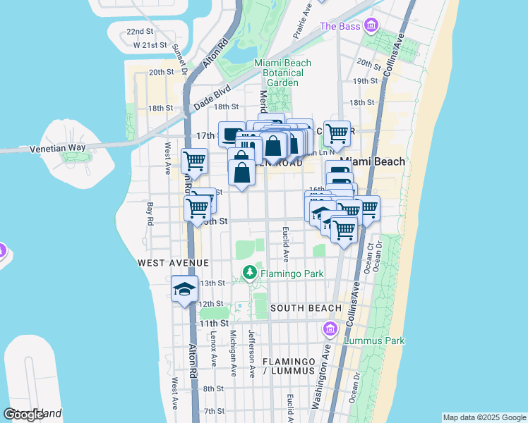 map of restaurants, bars, coffee shops, grocery stores, and more near 1525 Meridian Avenue in Miami Beach