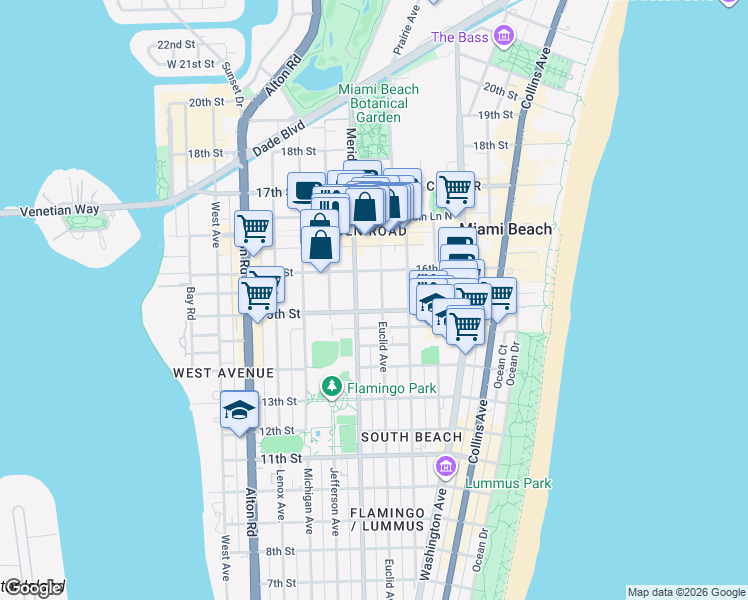 map of restaurants, bars, coffee shops, grocery stores, and more near 1520 Euclid Avenue in Miami Beach