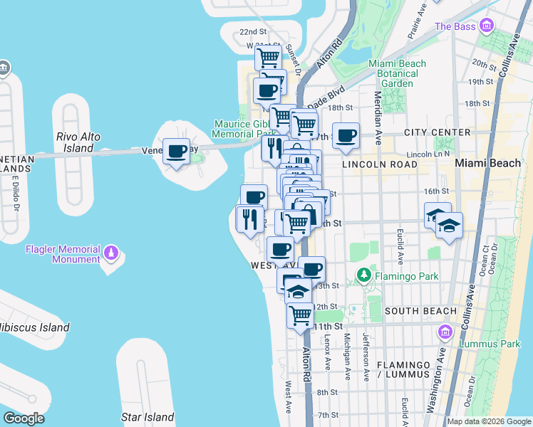 map of restaurants, bars, coffee shops, grocery stores, and more near 1545 Bay Road in Miami Beach