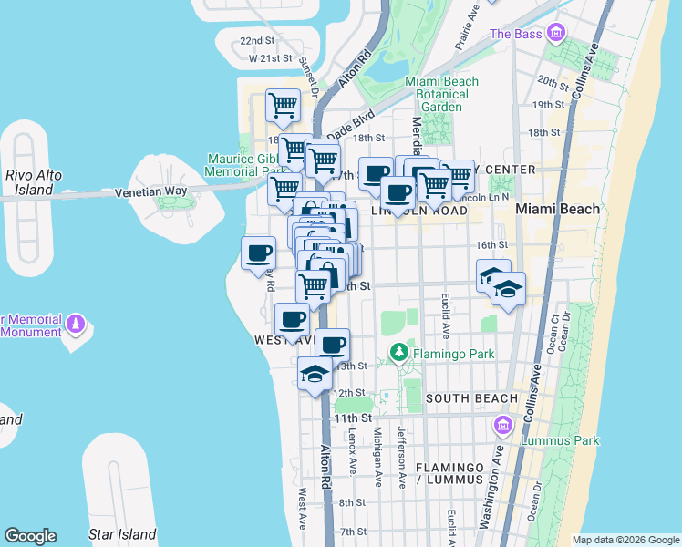 map of restaurants, bars, coffee shops, grocery stores, and more near 1521 Alton Road in Miami Beach