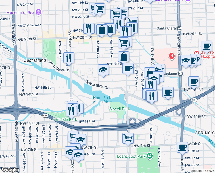 map of restaurants, bars, coffee shops, grocery stores, and more near 1861 Northwest North River Drive in Miami