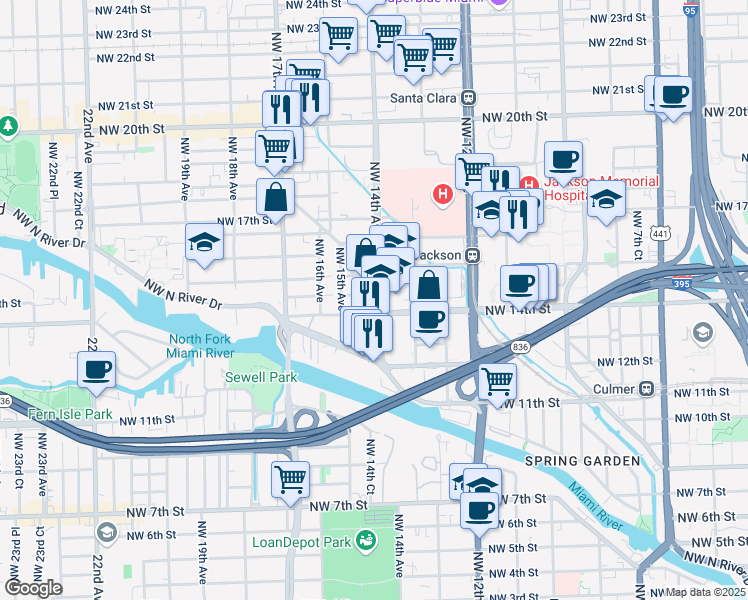 map of restaurants, bars, coffee shops, grocery stores, and more near 1436 Northwest 14th Avenue in Miami