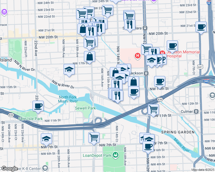 map of restaurants, bars, coffee shops, grocery stores, and more near 1421 Northwest 16th Avenue in Miami