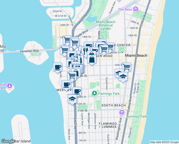 map of restaurants, bars, coffee shops, grocery stores, and more near 1526 Michigan Avenue in Miami Beach