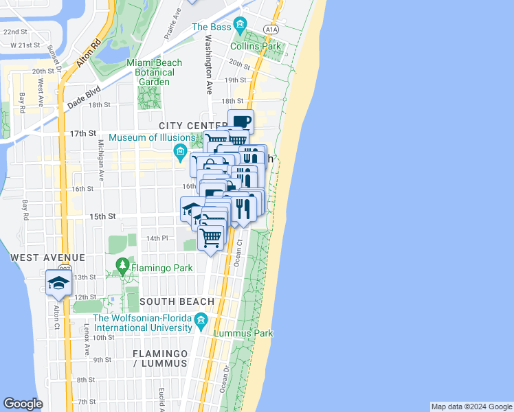 map of restaurants, bars, coffee shops, grocery stores, and more near 1500 Ocean Drive in Miami Beach