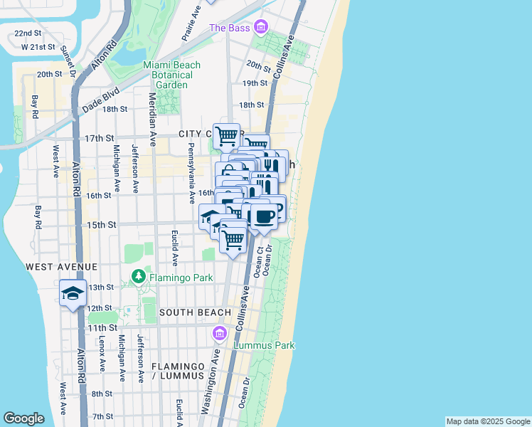 map of restaurants, bars, coffee shops, grocery stores, and more near 1455 Ocean Drive in Miami Beach