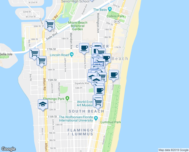 map of restaurants, bars, coffee shops, grocery stores, and more near 1531 Drexel Avenue in Miami Beach