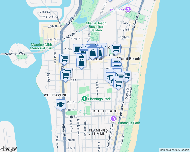 map of restaurants, bars, coffee shops, grocery stores, and more near 1525 Meridian Avenue in Miami Beach