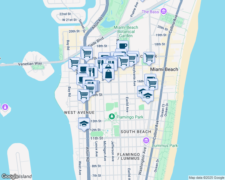 map of restaurants, bars, coffee shops, grocery stores, and more near 1529 Jefferson Avenue in Miami Beach