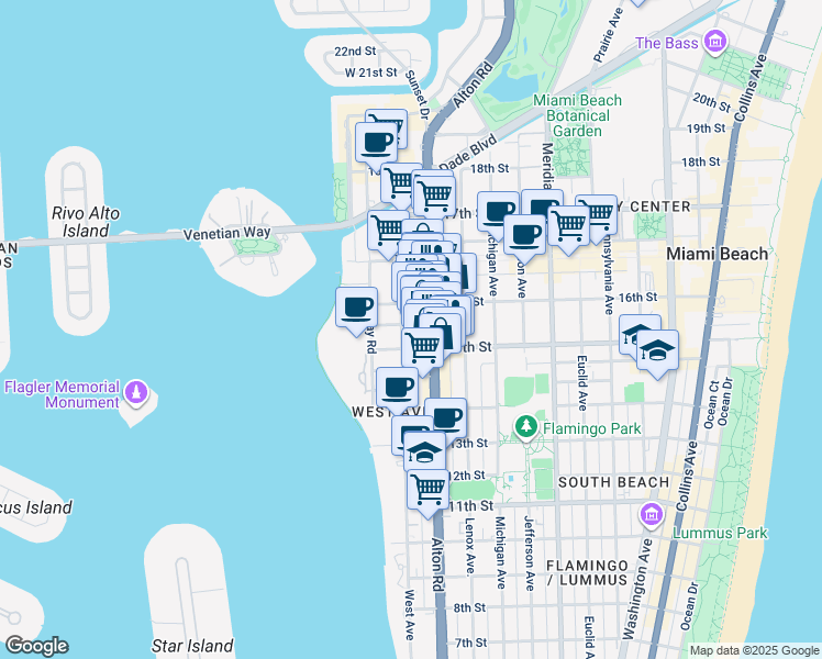 map of restaurants, bars, coffee shops, grocery stores, and more near 1535 West Avenue in Miami Beach