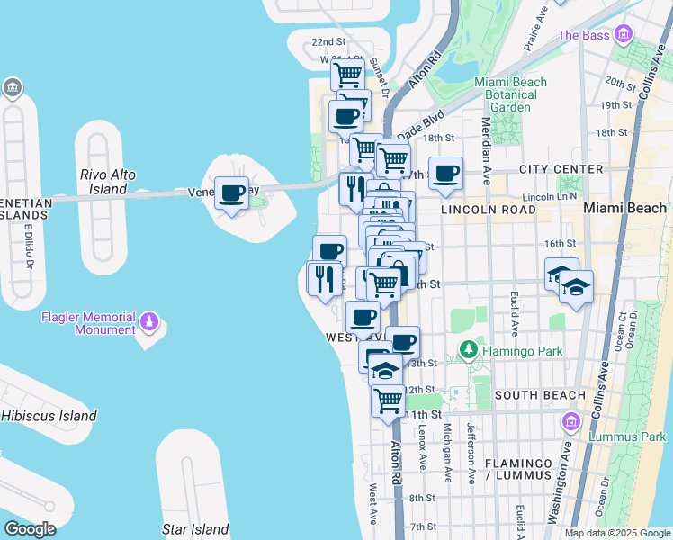 map of restaurants, bars, coffee shops, grocery stores, and more near 1545 Bay Road in Miami Beach