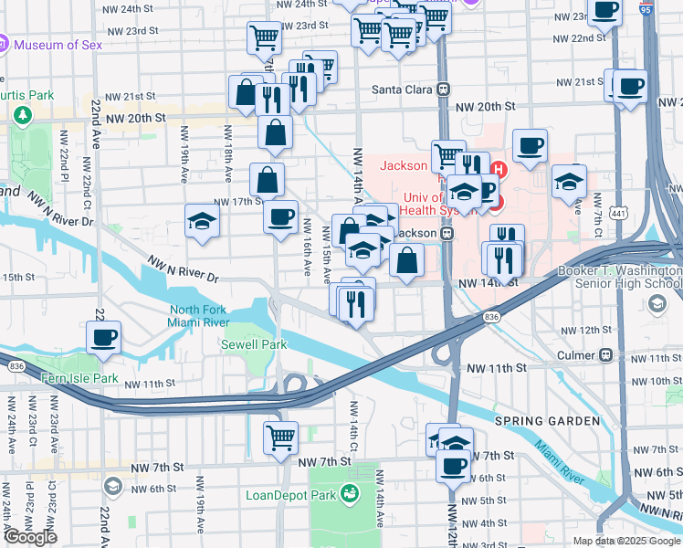 map of restaurants, bars, coffee shops, grocery stores, and more near 1436 Northwest 14th Avenue in Miami