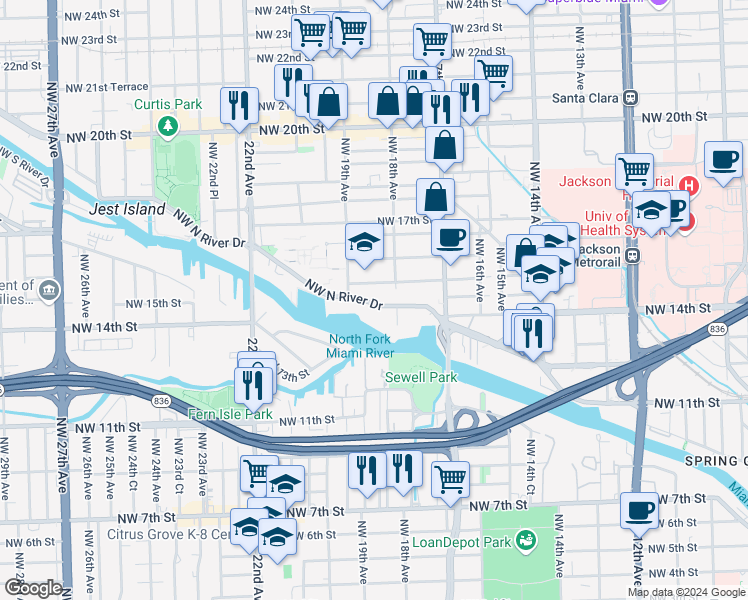 map of restaurants, bars, coffee shops, grocery stores, and more near 1871 Northwest North River Drive in Miami