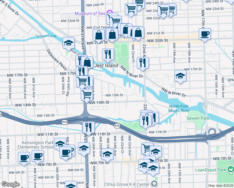 map of restaurants, bars, coffee shops, grocery stores, and more near 2353 Northwest 15th Street in Miami