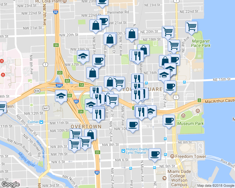 map of restaurants, bars, coffee shops, grocery stores, and more near 1360 Northwest 1st Court in Miami