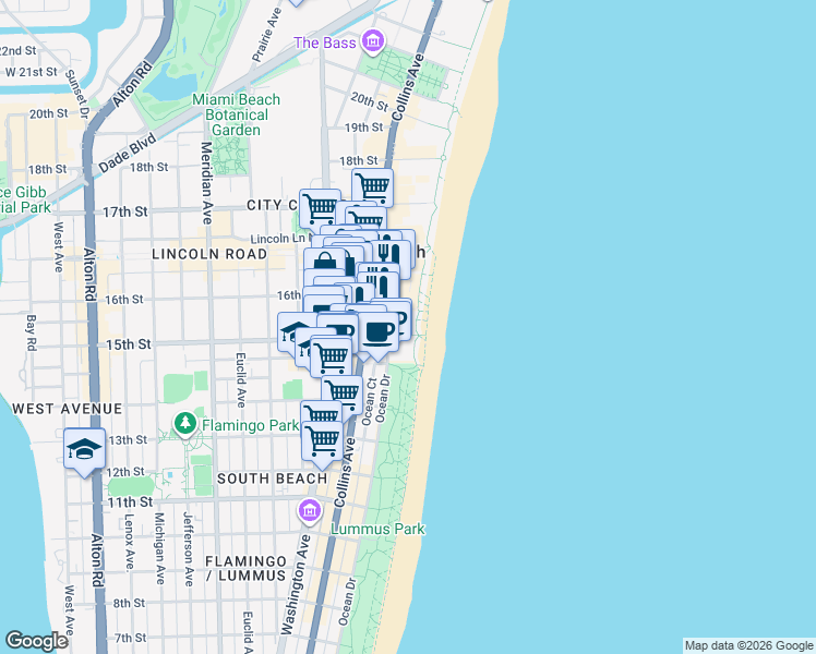map of restaurants, bars, coffee shops, grocery stores, and more near 1500 Ocean Drive in Miami Beach