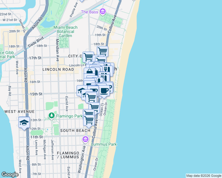 map of restaurants, bars, coffee shops, grocery stores, and more near 1500 Ocean Drive in Miami Beach